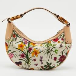 Pre Owned Gucci Multicolor Botanical Floral Canvas and Leather Bamboo Ring Hobo