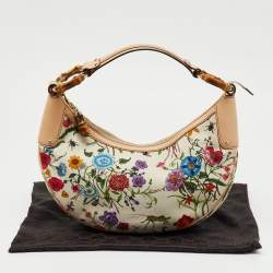 Pre Owned Gucci Multicolor Botanical Floral Canvas and Leather Bamboo Ring Hobo