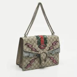 Pre Owned Gucci Beige GG Supreme Canvas and Suede Medium Patchwork Crystal Dionysus Shoulder Bag