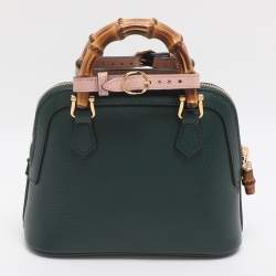 Pre Owned Gucci Green Leather Mini Bamboo Diana Dome Satchel