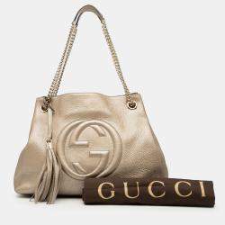 Pre Owned Gucci Gold Medium Metallic Leather Soho Chain Tote