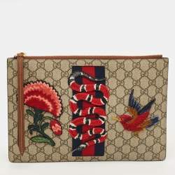 Pre Owned Gucci Beige/Brown GG Supreme Canvas and Leather Embroidered Patches Pouch