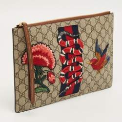 Pre Owned Gucci Beige/Brown GG Supreme Canvas and Leather Embroidered Patches Pouch