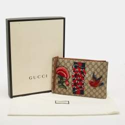 Pre Owned Gucci Beige/Brown GG Supreme Canvas and Leather Embroidered Patches Pouch