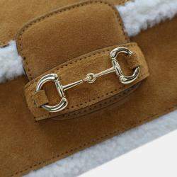 Pre Owned Gucci Brown White Mini Shearling Suede 1955 Horsebit Handbag