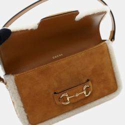 Pre Owned Gucci Brown White Mini Shearling Suede 1955 Horsebit Handbag