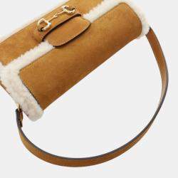Pre Owned Gucci Brown White Mini Shearling Suede 1955 Horsebit Handbag