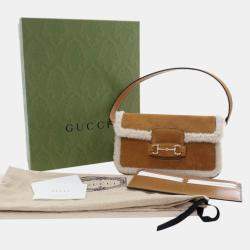 Pre Owned Gucci Brown White Mini Shearling Suede 1955 Horsebit Handbag