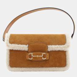 Pre Owned Gucci Brown White Mini Shearling Suede 1955 Horsebit Handbag