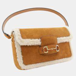 Pre Owned Gucci Brown White Mini Shearling Suede 1955 Horsebit Handbag
