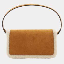 Pre Owned Gucci Brown White Mini Shearling Suede 1955 Horsebit Handbag