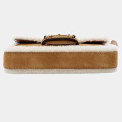 Pre Owned Gucci Brown White Mini Shearling Suede 1955 Horsebit Handbag
