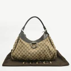 Pre Owned Gucci Brown/Beige GG Canvas and Leather Abbey D-Ring Hobo