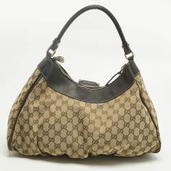 Pre Owned Gucci Brown/Beige GG Canvas and Leather Abbey D-Ring Hobo