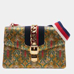 Pre Owned Gucci Gold Small Canvas Brocade Sylvie Satchel