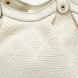 Pre Owned Gucci White Diamante Straw and Leather Medium Sukey Tote