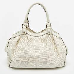 Pre Owned Gucci White Diamante Straw and Leather Medium Sukey Tote