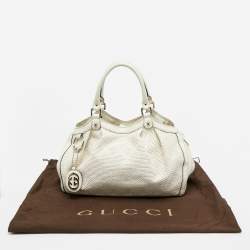 Pre Owned Gucci White Diamante Straw and Leather Medium Sukey Tote