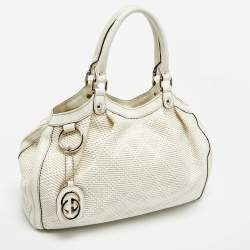 Pre Owned Gucci White Diamante Straw and Leather Medium Sukey Tote