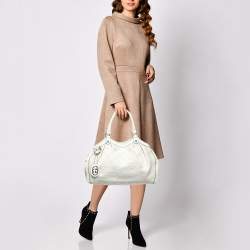 Pre Owned Gucci White Diamante Straw and Leather Medium Sukey Tote