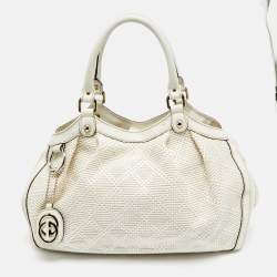 Pre Owned Gucci White Diamante Straw and Leather Medium Sukey Tote
