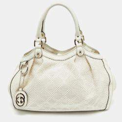 Pre Owned Gucci White Diamante Straw and Leather Medium Sukey Tote