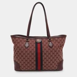 Pre Owned Gucci Red GG Canvas and Leather Medium Web Ophidia Tote