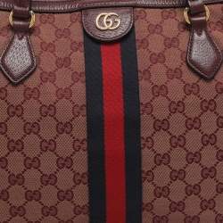 Pre Owned Gucci Red GG Canvas and Leather Medium Web Ophidia Tote