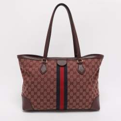 Pre Owned Gucci Red GG Canvas and Leather Medium Web Ophidia Tote