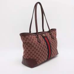 Pre Owned Gucci Red GG Canvas and Leather Medium Web Ophidia Tote