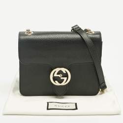 Pre Owned Gucci Black Leather Dollar Interlocking G Flap Chain Shoulder Bag