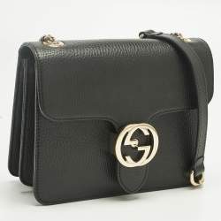 Pre Owned Gucci Black Leather Dollar Interlocking G Flap Chain Shoulder Bag