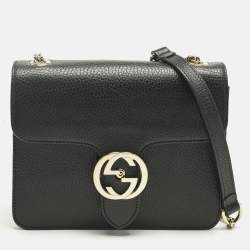 Pre Owned Gucci Black Leather Dollar Interlocking G Flap Chain Shoulder Bag