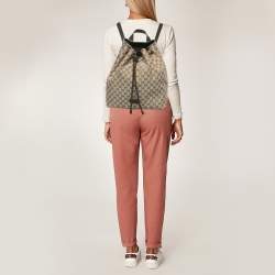 Pre Owned Gucci Beige/Brown GG Canvas and Leather Drawstring Backpack