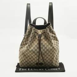Pre Owned Gucci Beige/Brown GG Canvas and Leather Drawstring Backpack