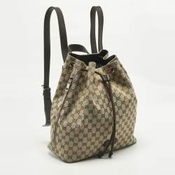 Pre Owned Gucci Beige/Brown GG Canvas and Leather Drawstring Backpack
