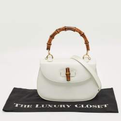 Pre Owned Gucci White Leather Centennial Bamboo Top Handle Bag