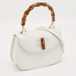 Pre Owned Gucci White Leather Centennial Bamboo Top Handle Bag
