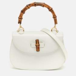 Pre Owned Gucci White Leather Centennial Bamboo Top Handle Bag
