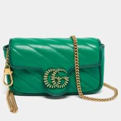 Pre Owned Gucci Green Diagonal Quilt Leather Super Mini GG Marmont Torchon Shoulder Bag