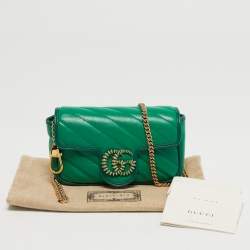 Pre Owned Gucci Green Diagonal Quilt Leather Super Mini GG Marmont Torchon Shoulder Bag
