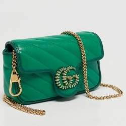 Pre Owned Gucci Green Diagonal Quilt Leather Super Mini GG Marmont Torchon Shoulder Bag