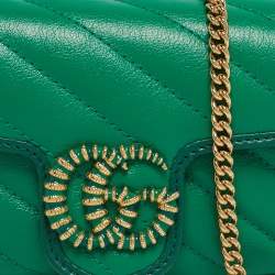 Pre Owned Gucci Green Diagonal Quilt Leather Super Mini GG Marmont Torchon Shoulder Bag