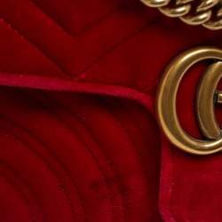 Pre Owned Gucci Red Matelassé Velvet Mini GG Marmont Shoulder Bag