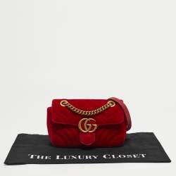 Pre Owned Gucci Red Matelassé Velvet Mini GG Marmont Shoulder Bag