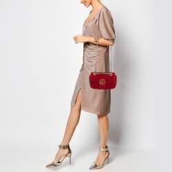 Pre Owned Gucci Red Matelassé Velvet Mini GG Marmont Shoulder Bag