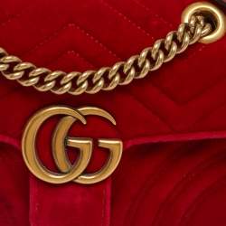 Pre Owned Gucci Red Matelassé Velvet Mini GG Marmont Shoulder Bag