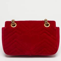 Pre Owned Gucci Red Matelassé Velvet Mini GG Marmont Shoulder Bag
