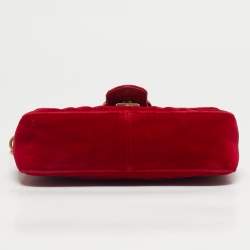 Pre Owned Gucci Red Matelassé Velvet Mini GG Marmont Shoulder Bag