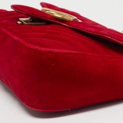Pre Owned Gucci Red Matelassé Velvet Mini GG Marmont Shoulder Bag